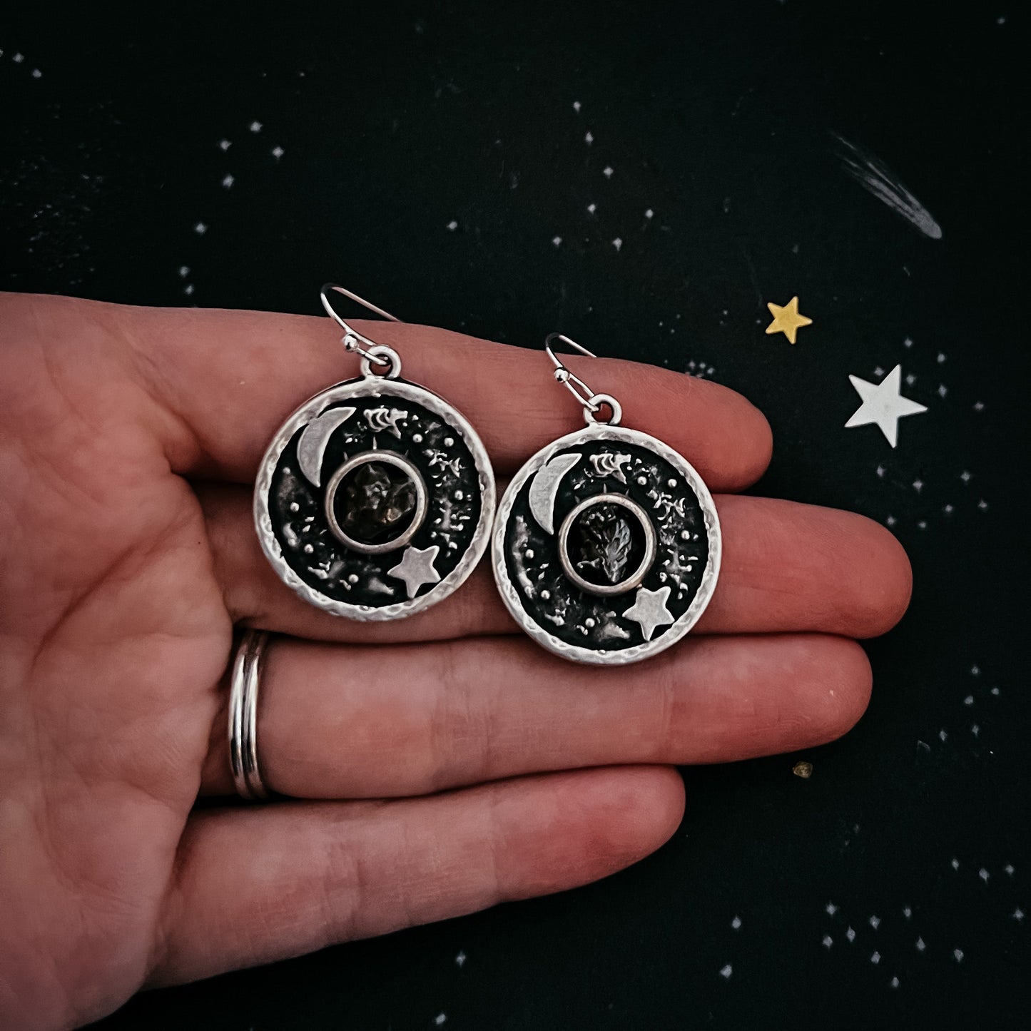 Lunar Star Dangle Earrings with Genuine Meteorite