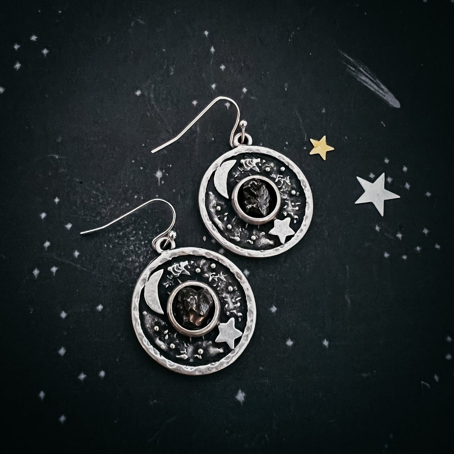 Lunar Star Dangle Earrings with Genuine Meteorite