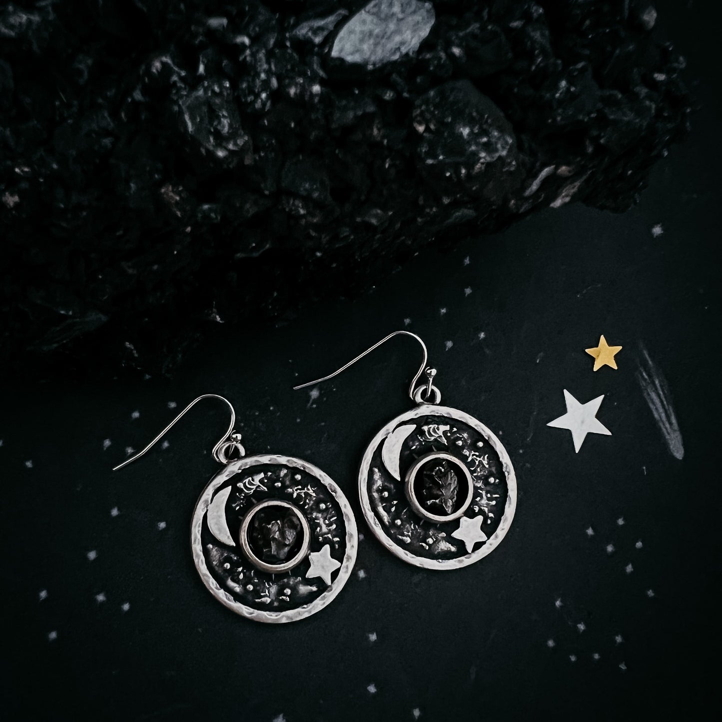 Lunar Star Dangle Earrings with Genuine Meteorite