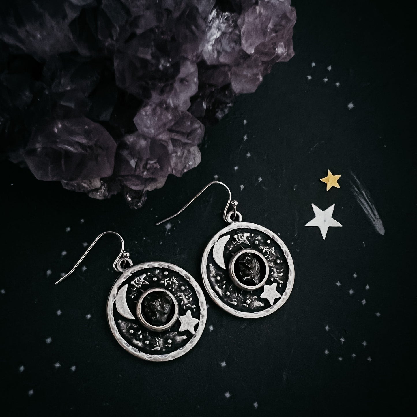 Lunar Star Dangle Earrings with Genuine Meteorite