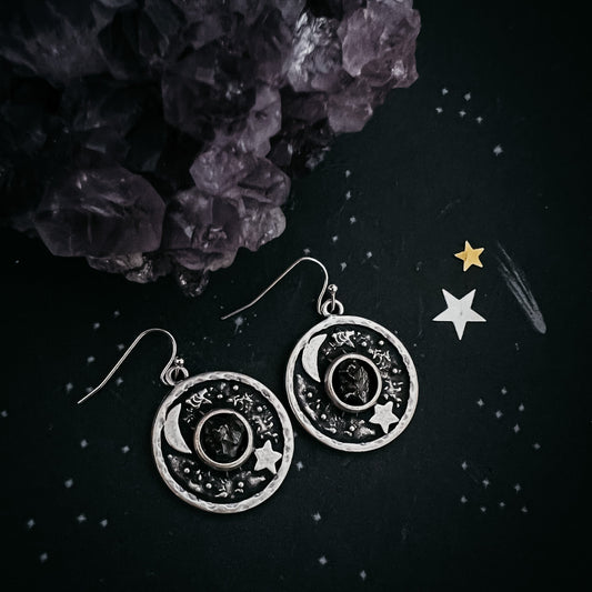 Lunar Star Dangle Earrings with Genuine Meteorite