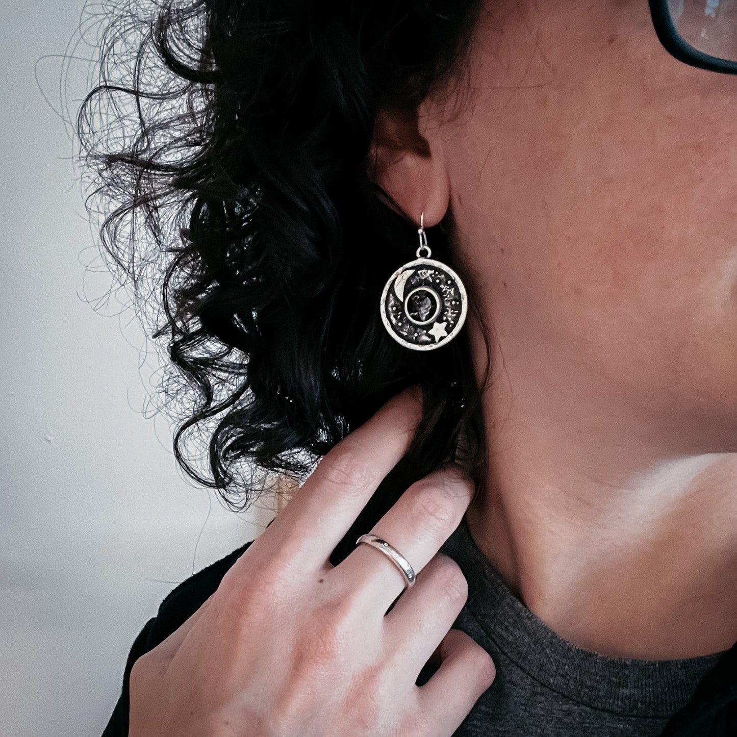 Lunar Star Dangle Earrings with Genuine Meteorite