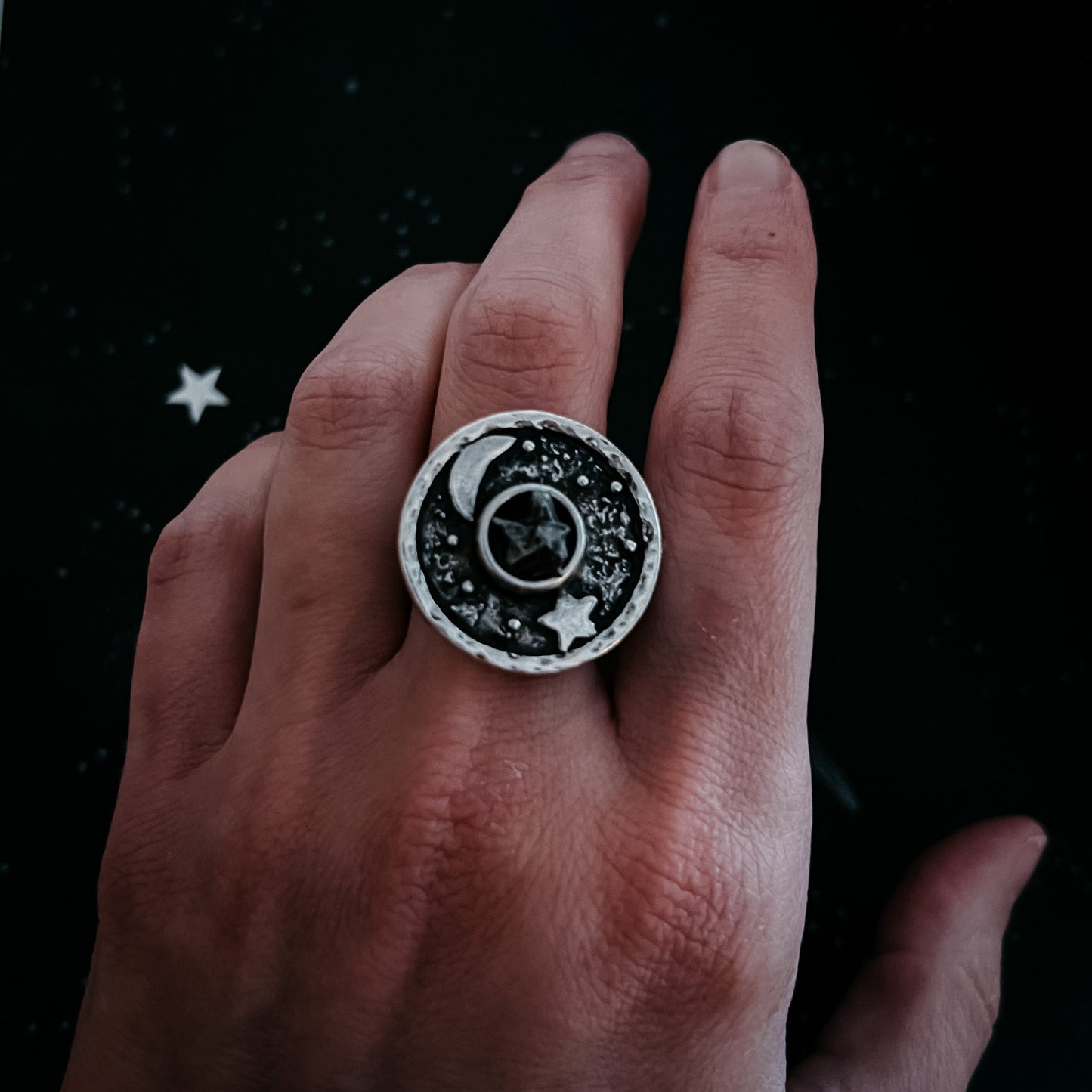 Lunar Star Ring with Genuine Meteorite