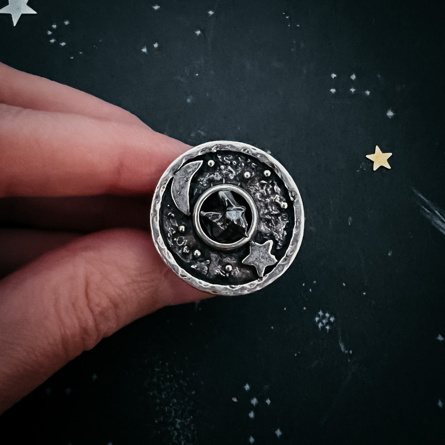 Lunar Star Ring with Genuine Meteorite