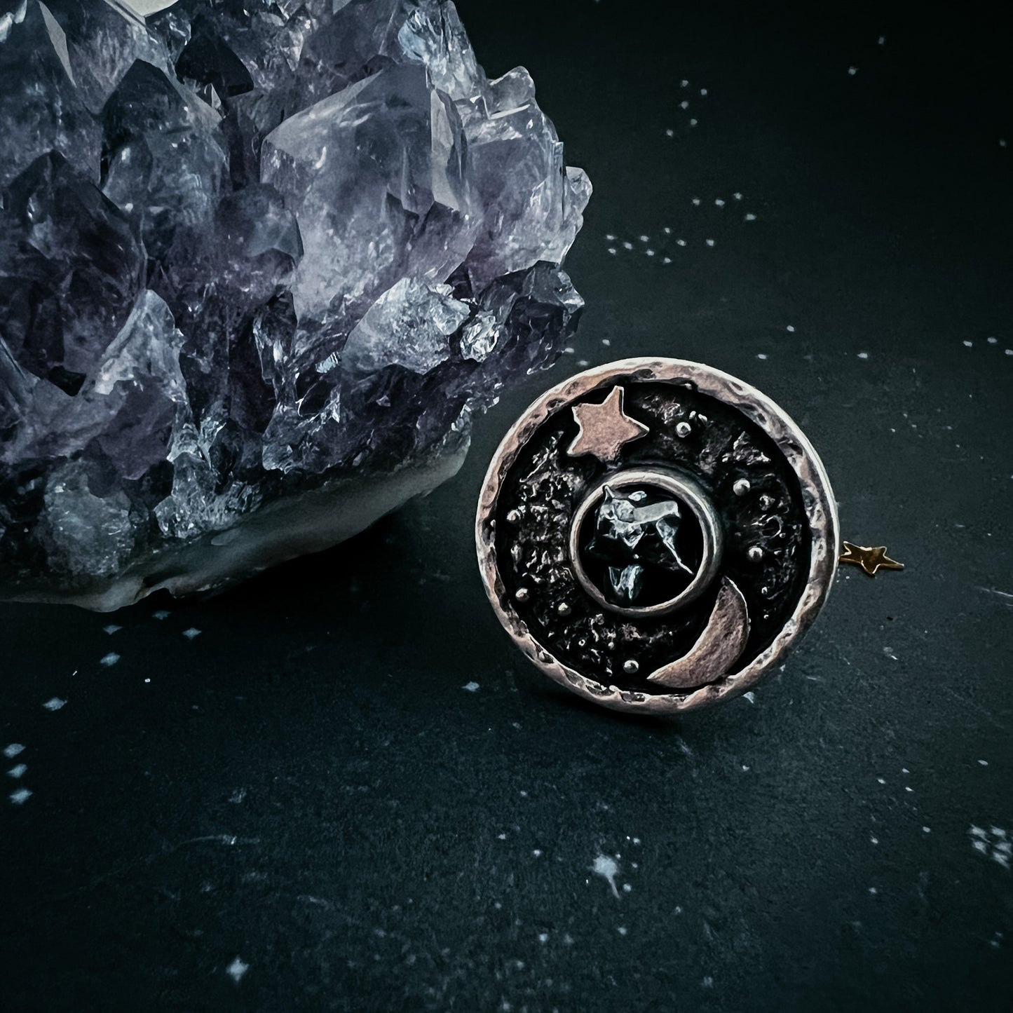 Lunar Star Ring with Genuine Meteorite