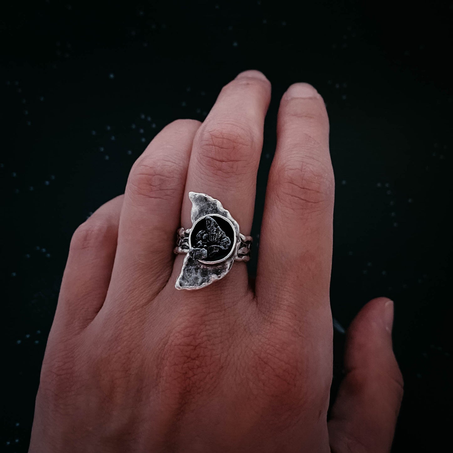 Moon Arc Ring with Genuine Meteorite