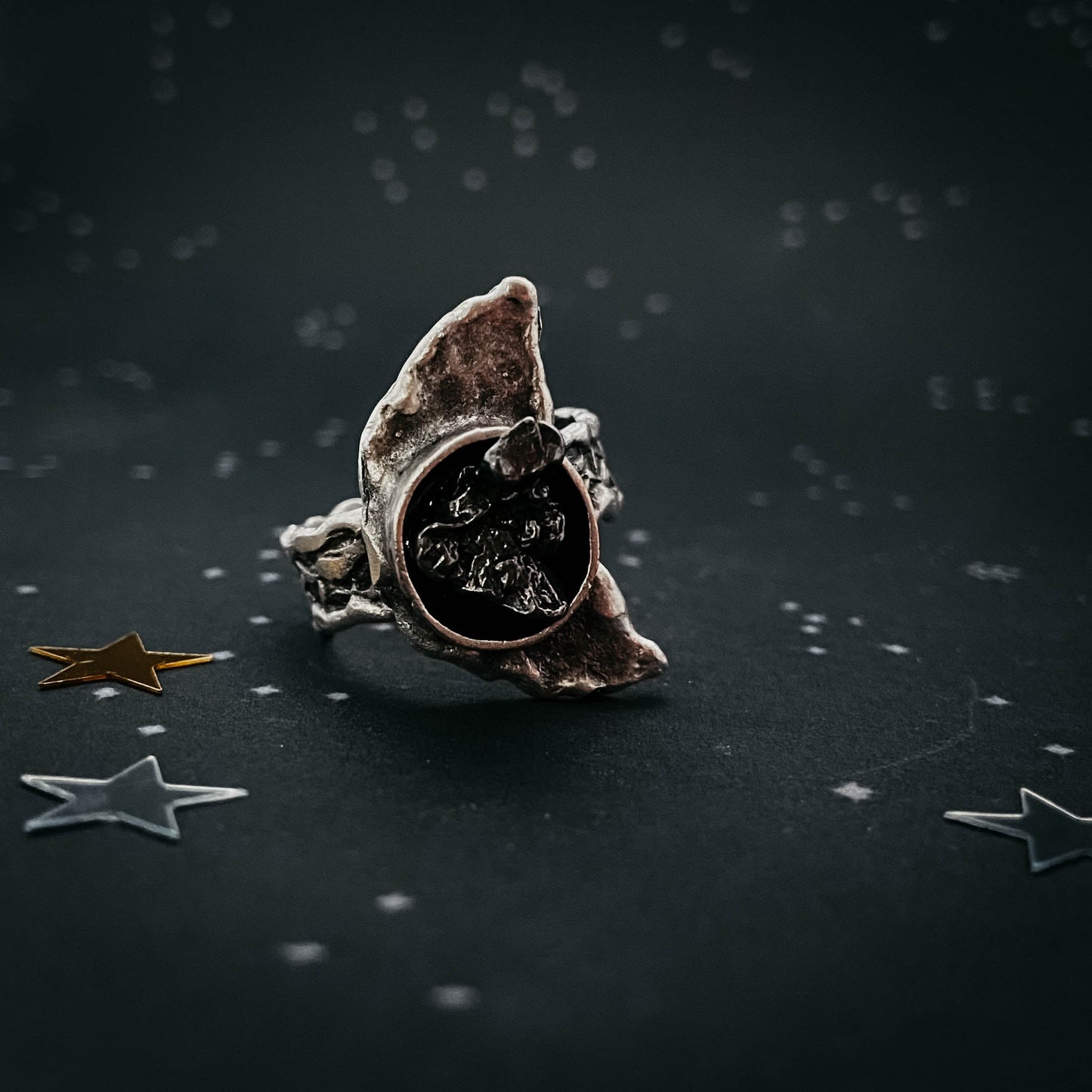 Moon Arc Ring with Genuine Meteorite