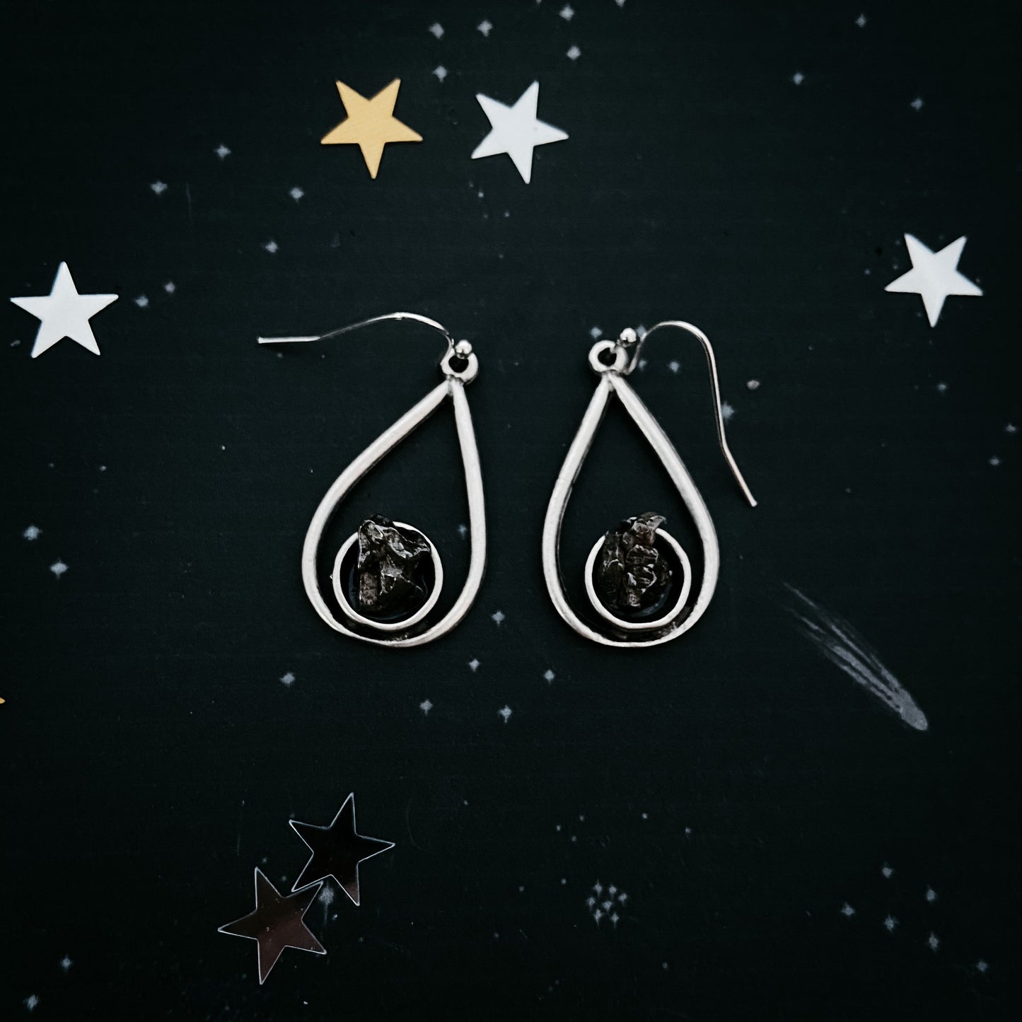 Cosmic Tear Earrings with Genuine Meteorite