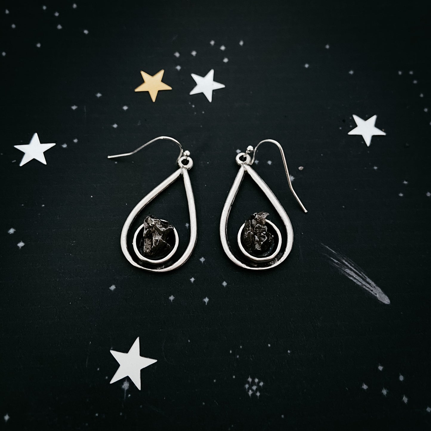 Cosmic Tear Earrings with Genuine Meteorite