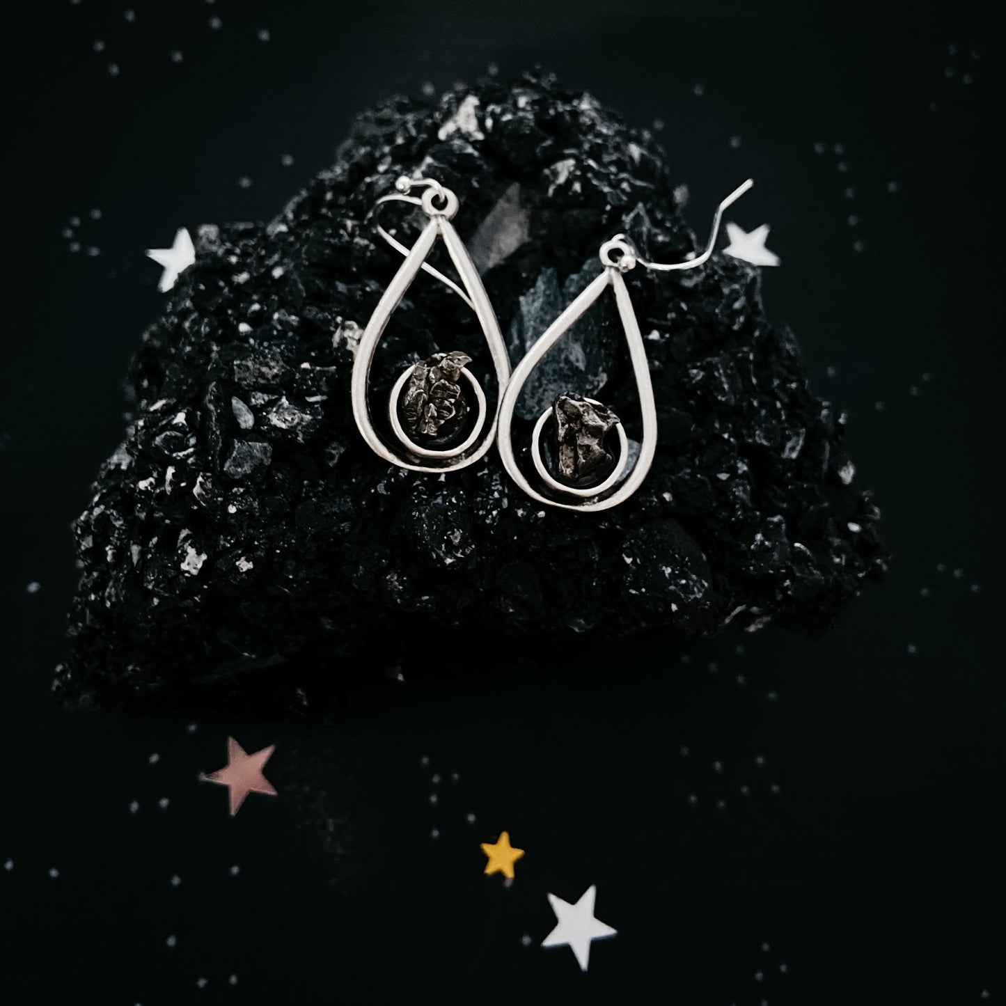 Cosmic Tear Earrings with Genuine Meteorite