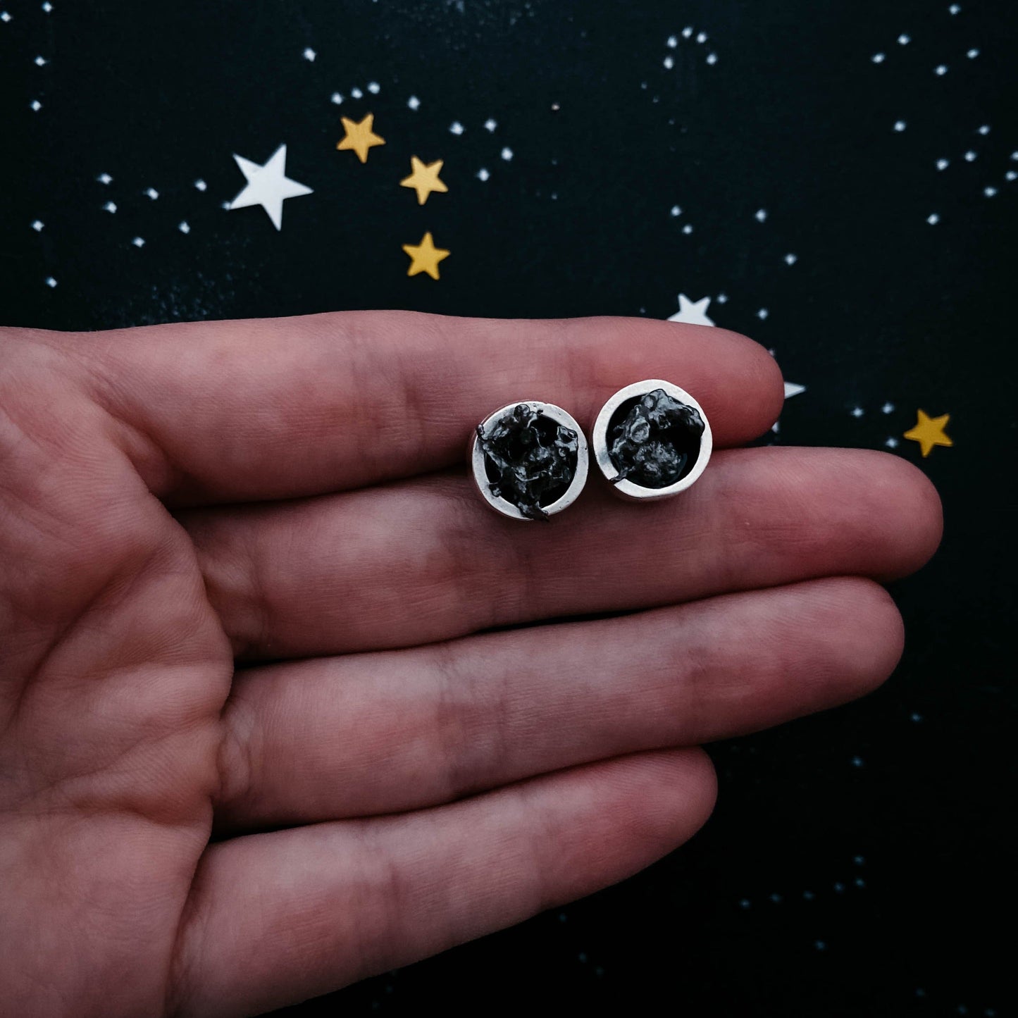 Round Dangle or Stud Earrings with Genuine Meteorite