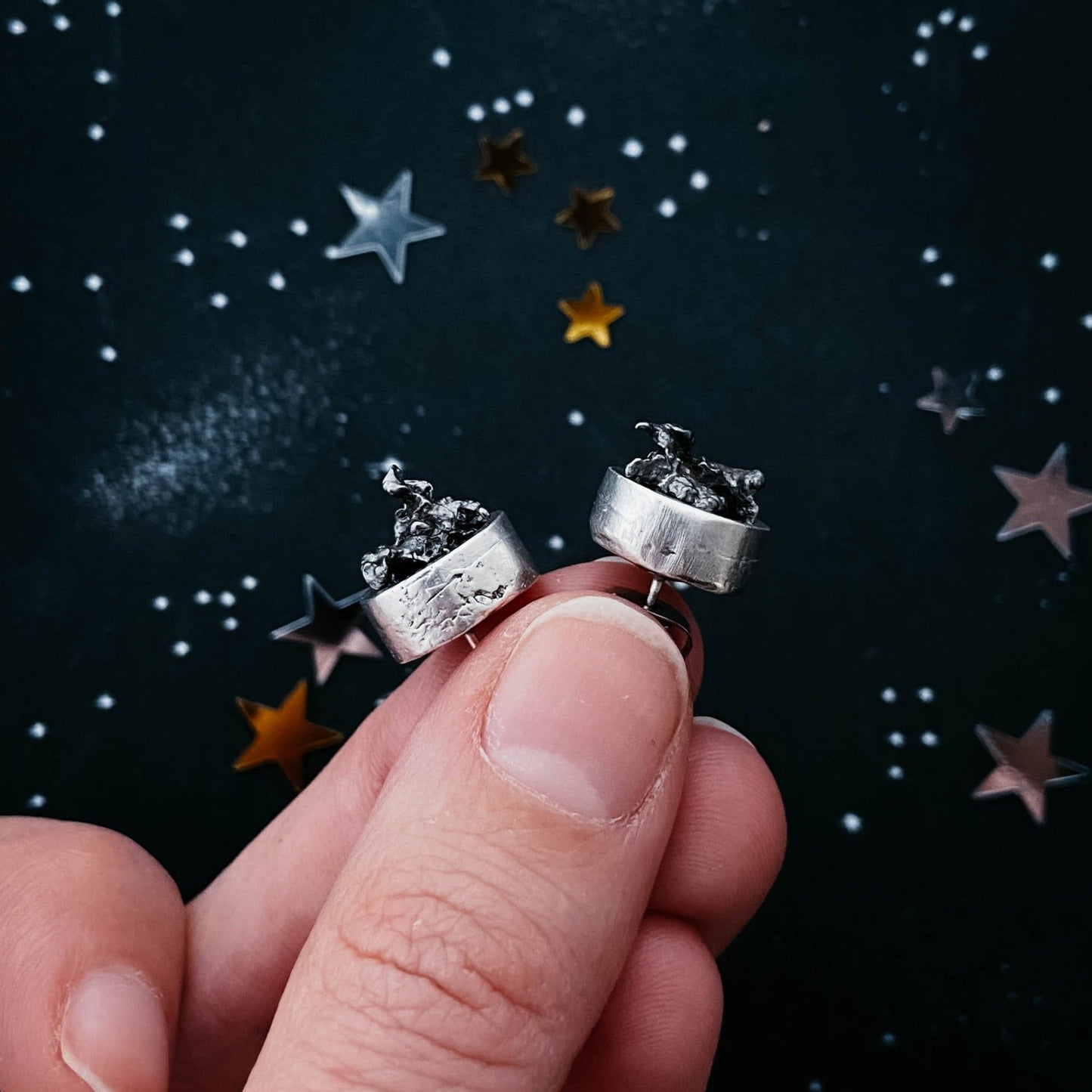 Round Dangle or Stud Earrings with Genuine Meteorite
