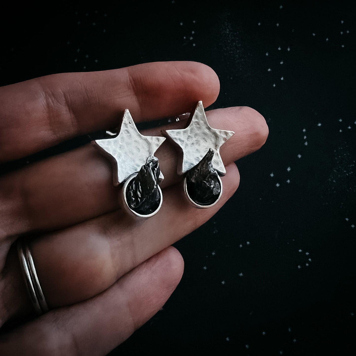 Galactic Star Stud Earrings with Genuine Meteorite