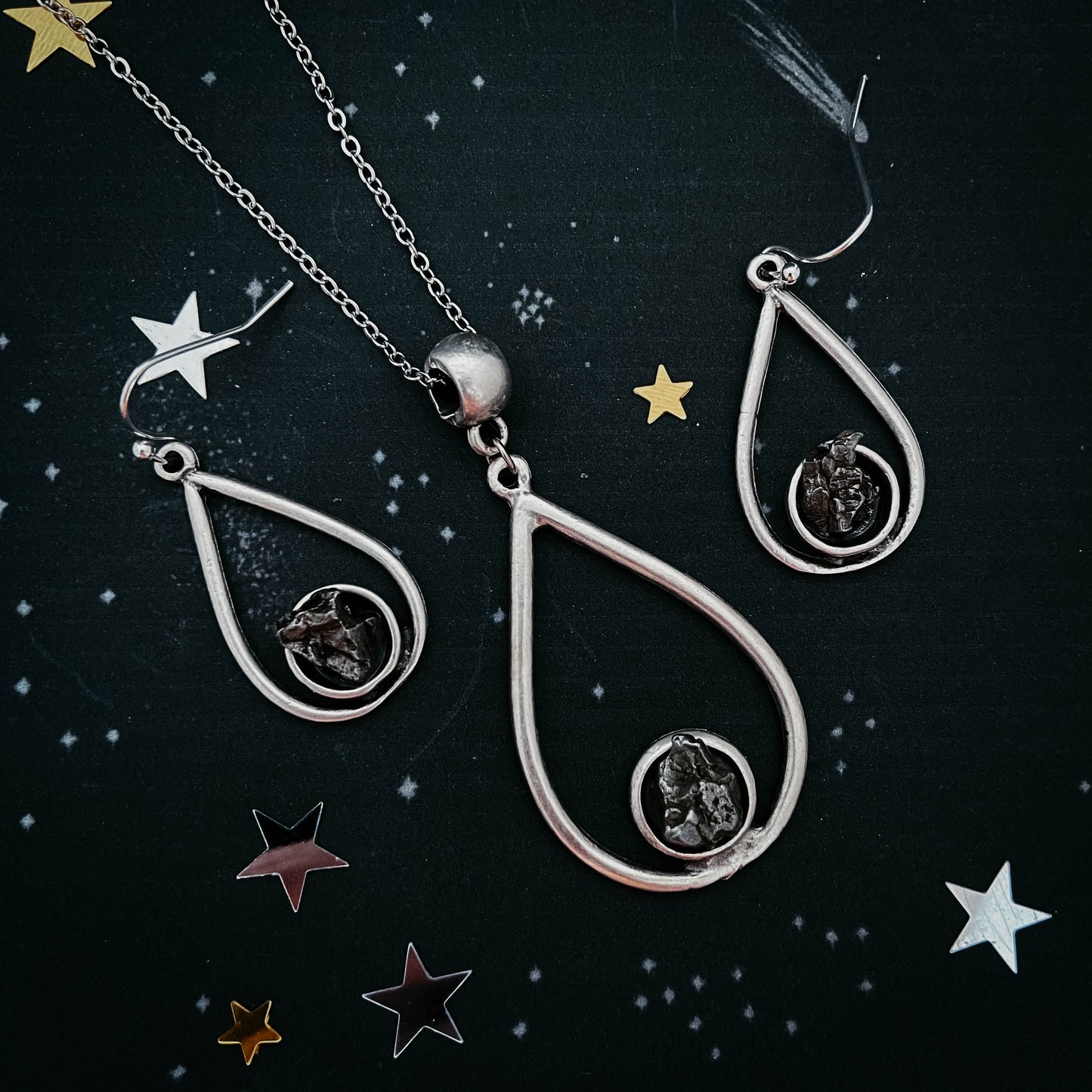Cosmic Tear Jewelry Set with Authentic Meteorite