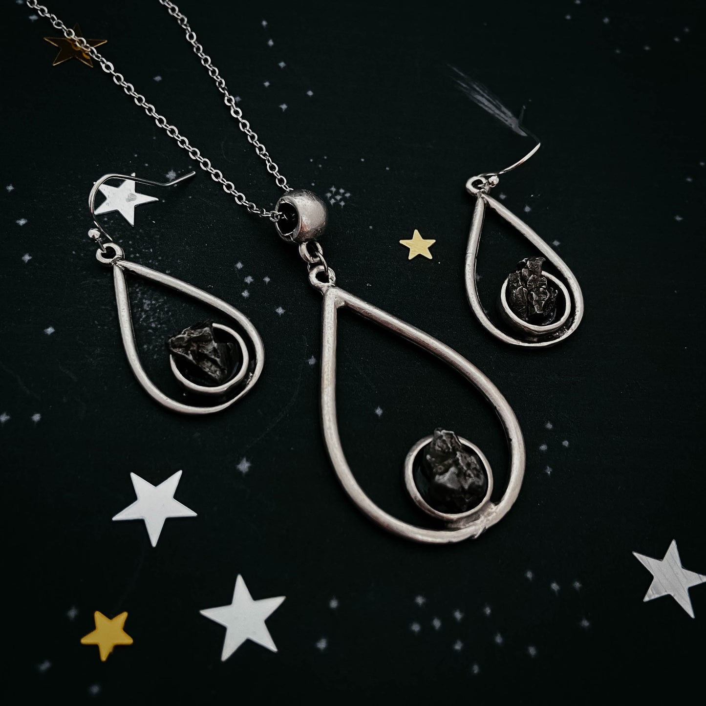 Cosmic Tear Jewelry Set with Authentic Meteorite