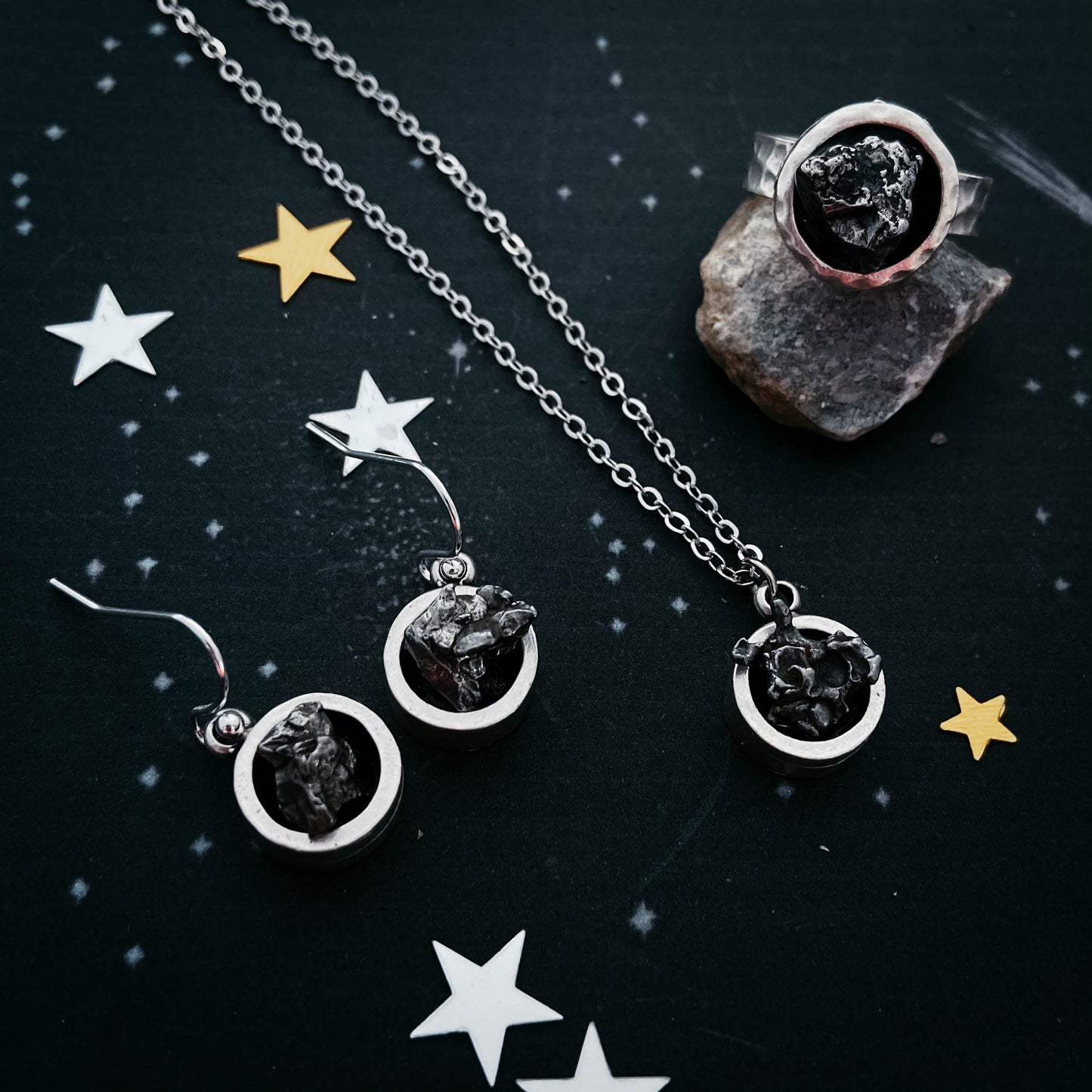 Cosmic Stone Jewelry Set with Genuine Meteorite