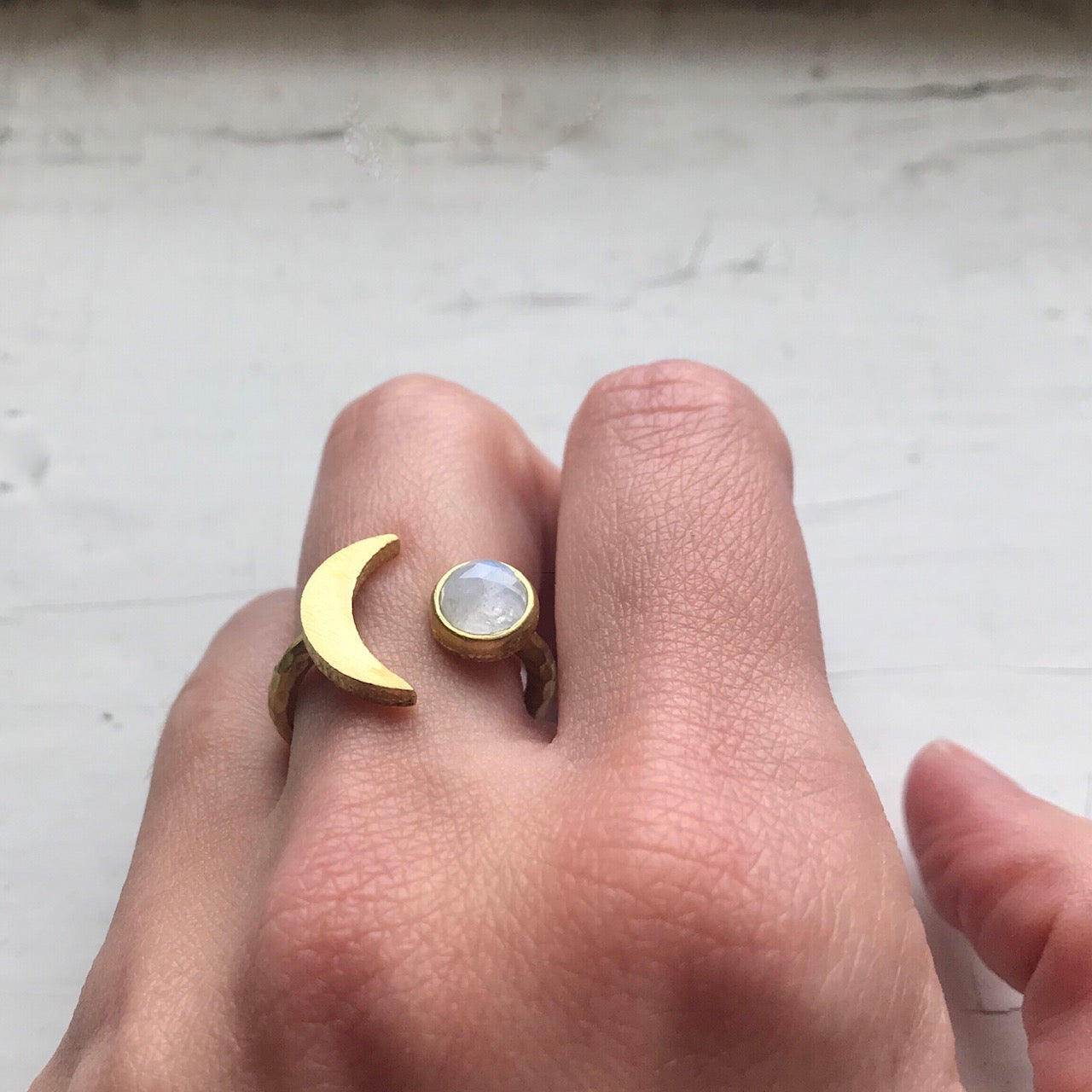 Moon Goddess Ring | Crescent Moon with Rainbow Moonstone
