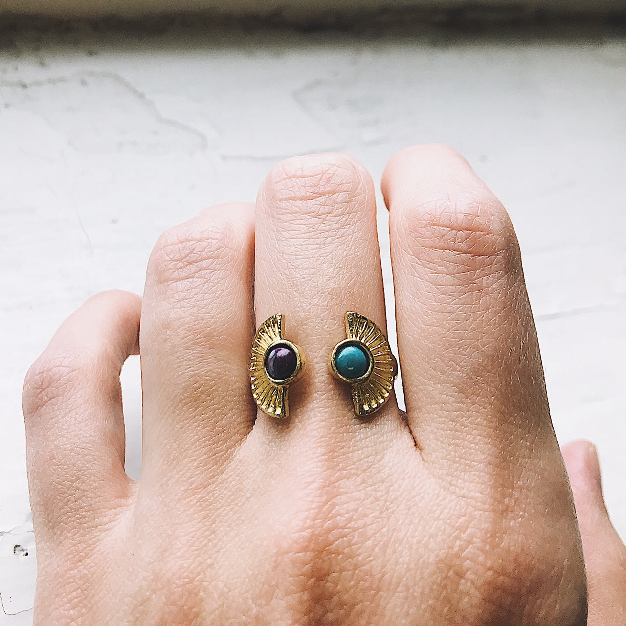 Two Stone Turquoise Boho Sunburst Ring
