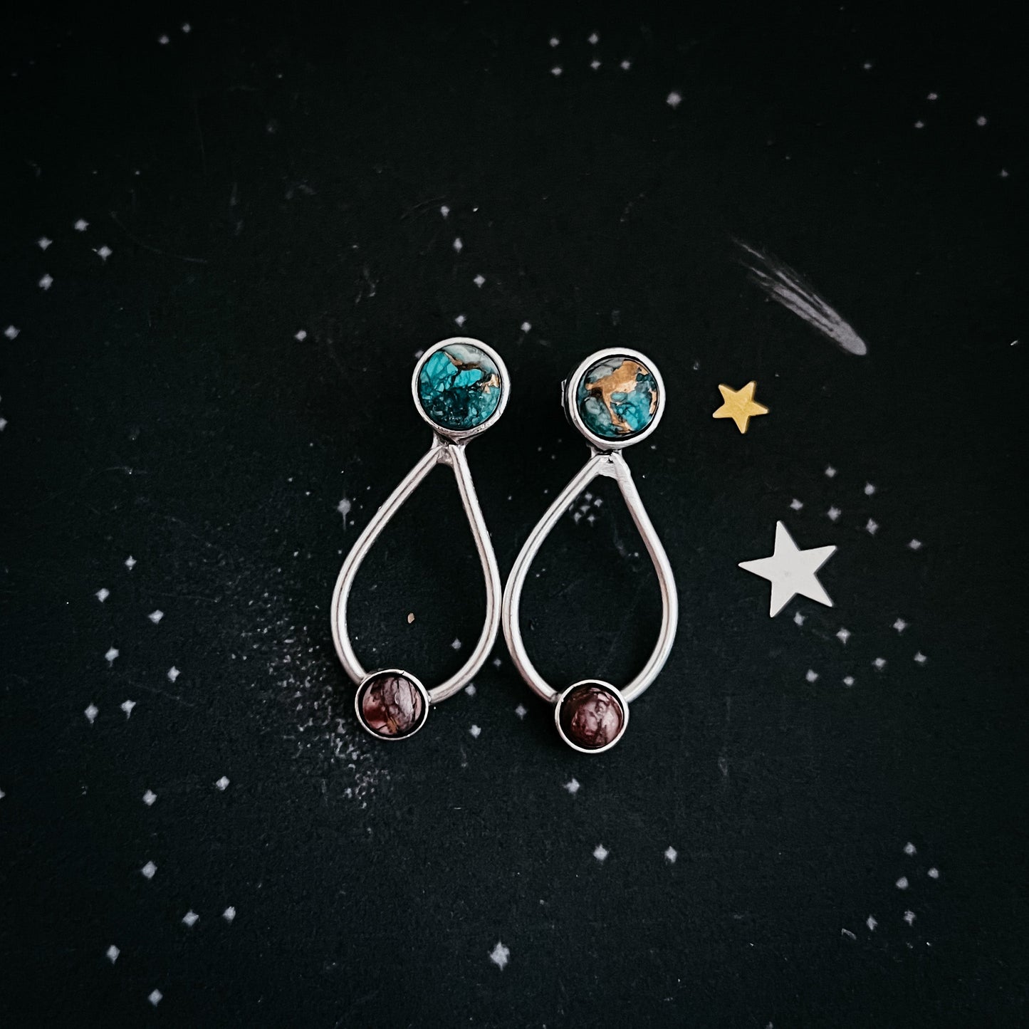 Journey to Mars Earrings | Copper Chrysocolla Earth and Red Jasper Moon