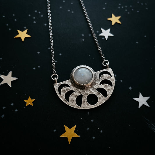Moon Goddess Necklace | Moon Phases Rainbow Moonstone Pendant