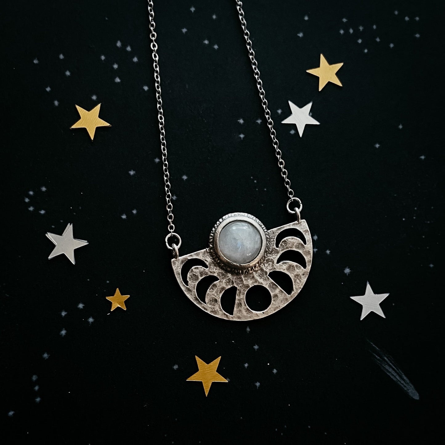 Moon Goddess Necklace | Moon Phases Rainbow Moonstone Pendant
