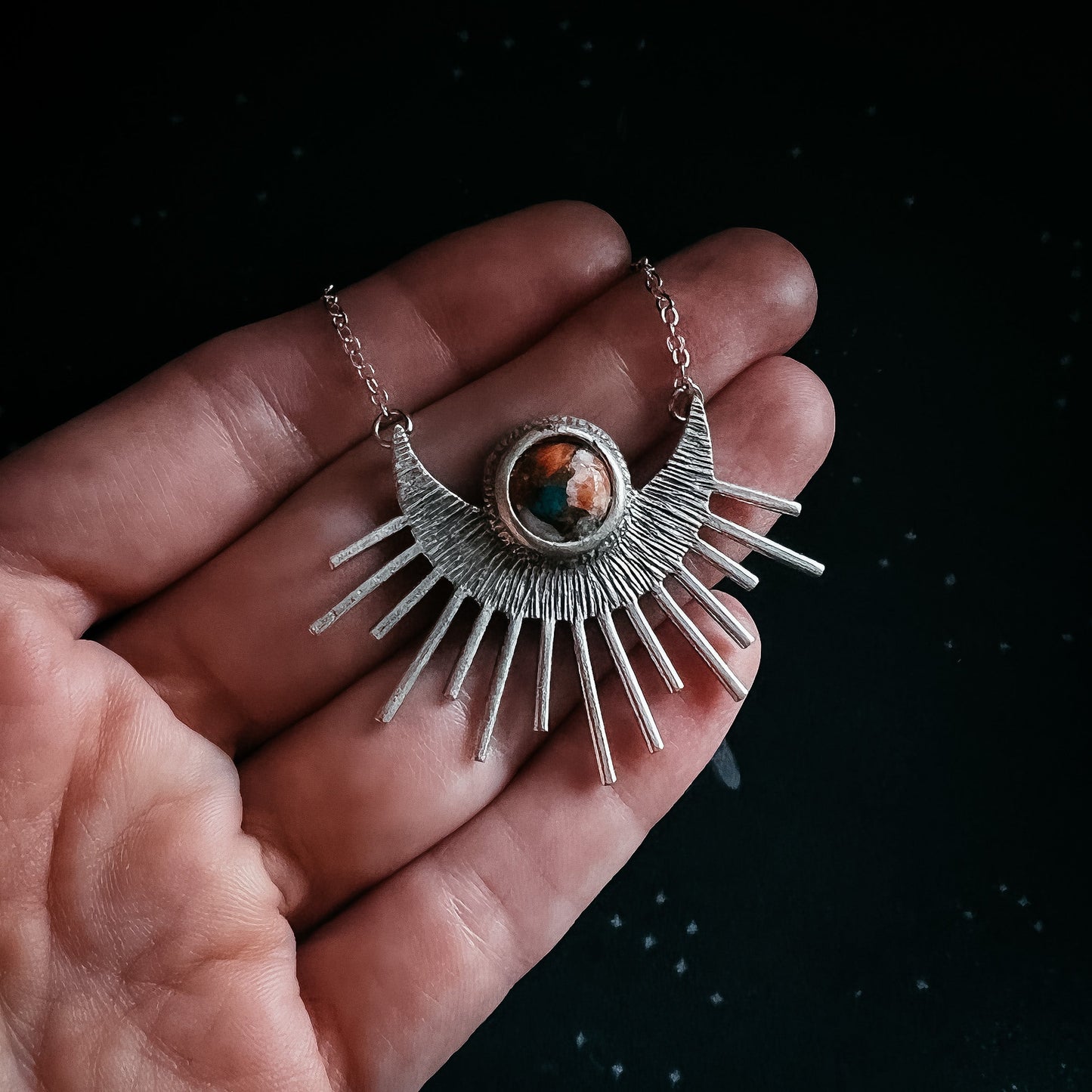 Sun Goddess Necklace | Sun Pendant with Copper Oyster Turquoise