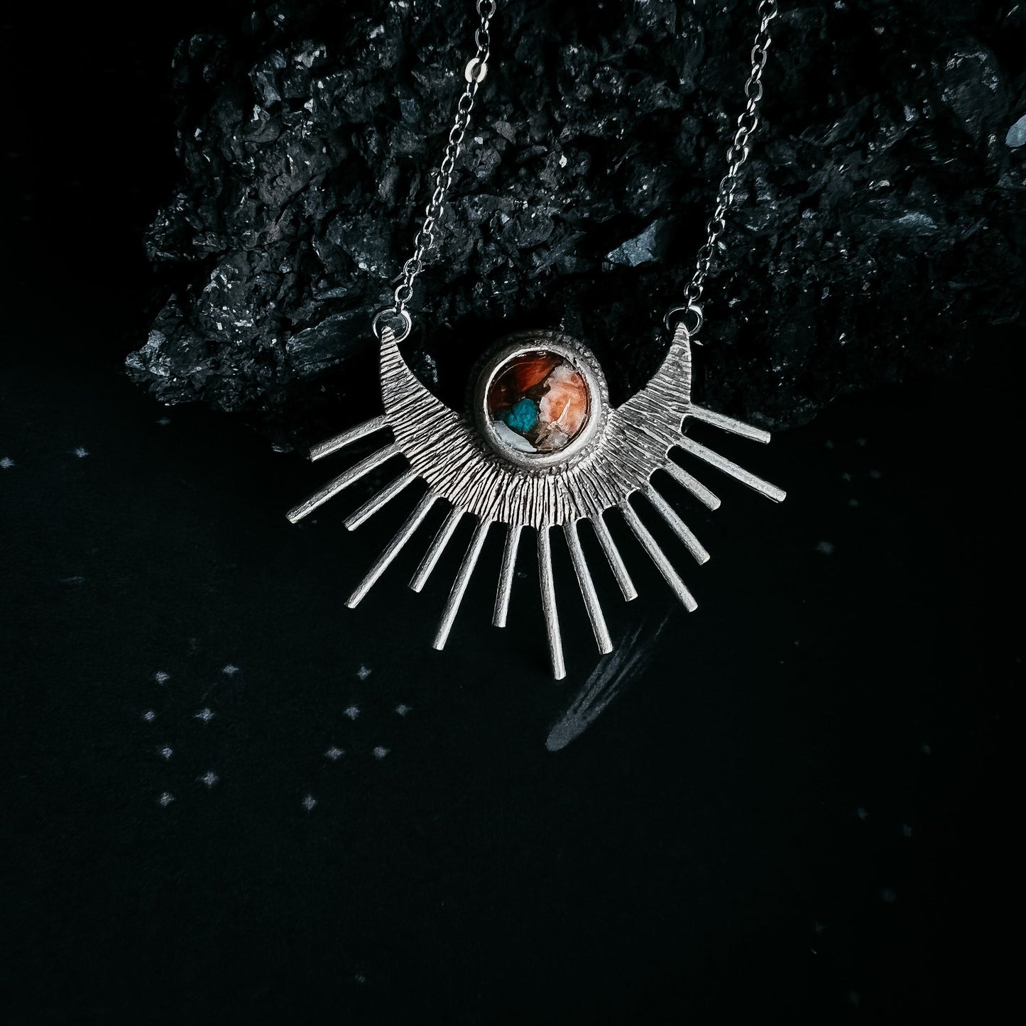 Sun Goddess Necklace | Sun Pendant with Copper Oyster Turquoise