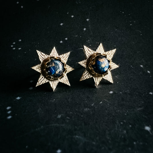 Dark Sunburst Stud Earrings with Copper Lapis Lazuli