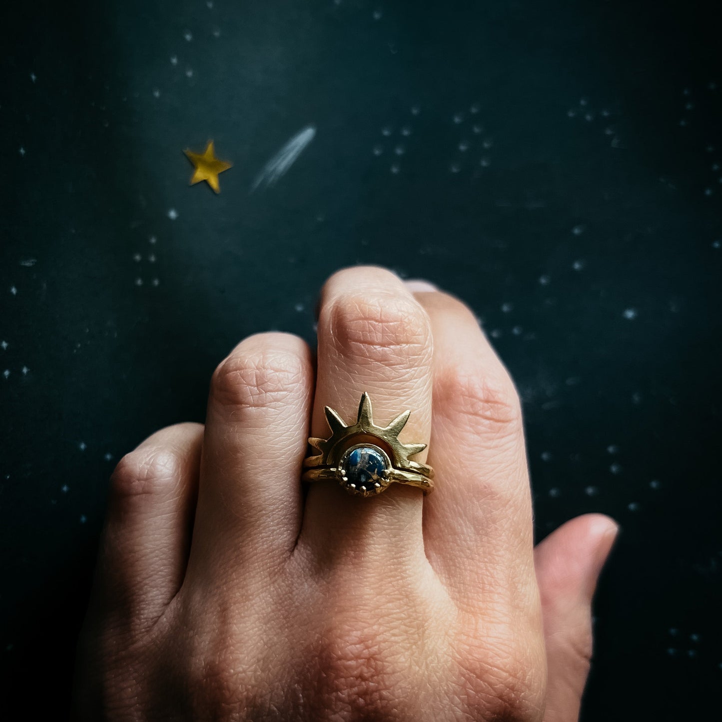 Dark Sunburst Ring with Copper Lapis Lazuli