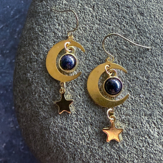Midnight Starlight Blue Sandstone Crescent Earrings