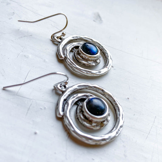 Galactic Serenity Spiral Silver Earrings with Labradorite