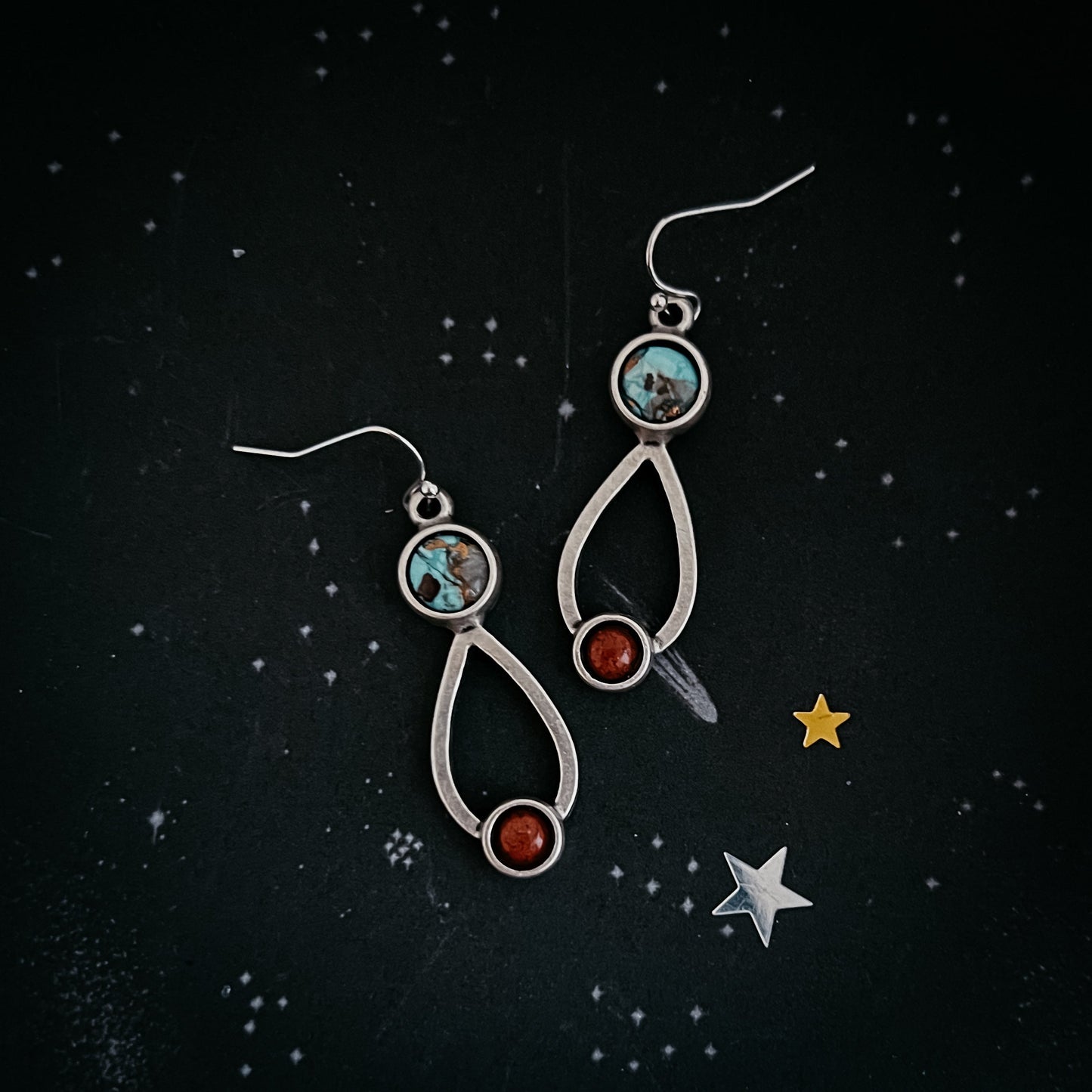 Journey to Mars Earrings | Copper Chrysocolla Earth and Red Jasper Moon