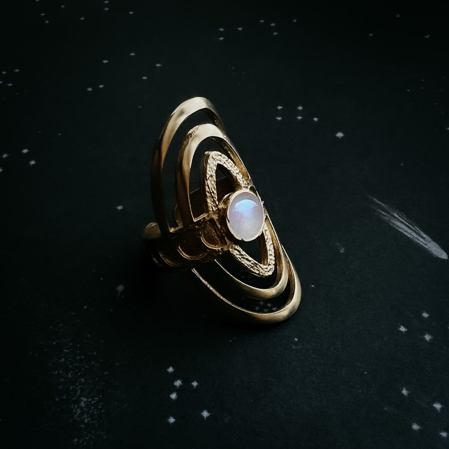 Cosmic Ripple Ring with Rainbow Moonstone