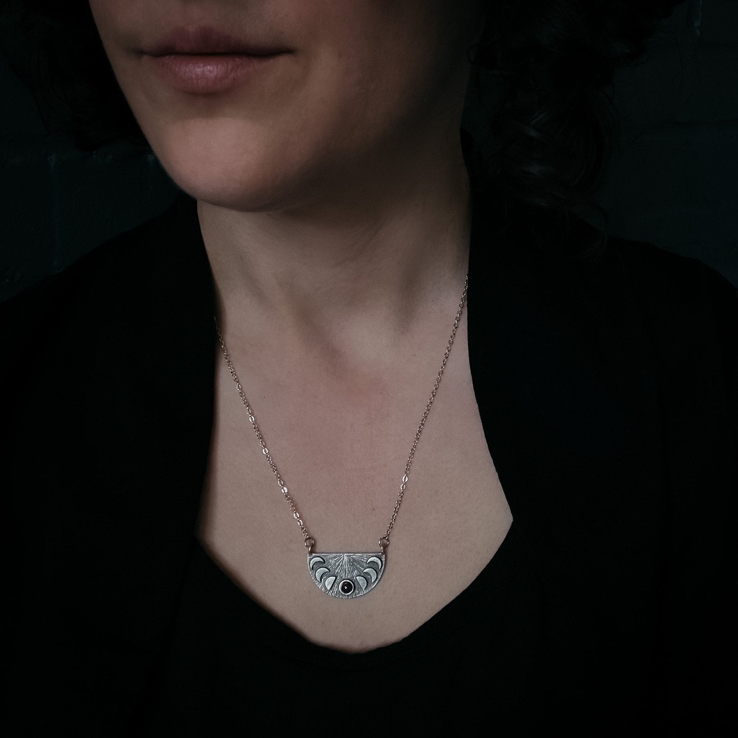 Lunar Eclipse Pendant Necklace with Black Opal