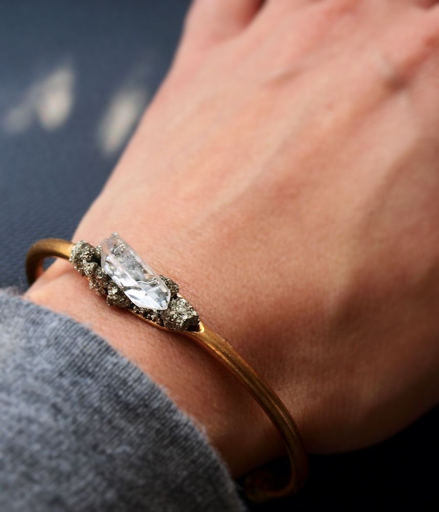 Pyrite and Quartz Gold Bangle Bracelet