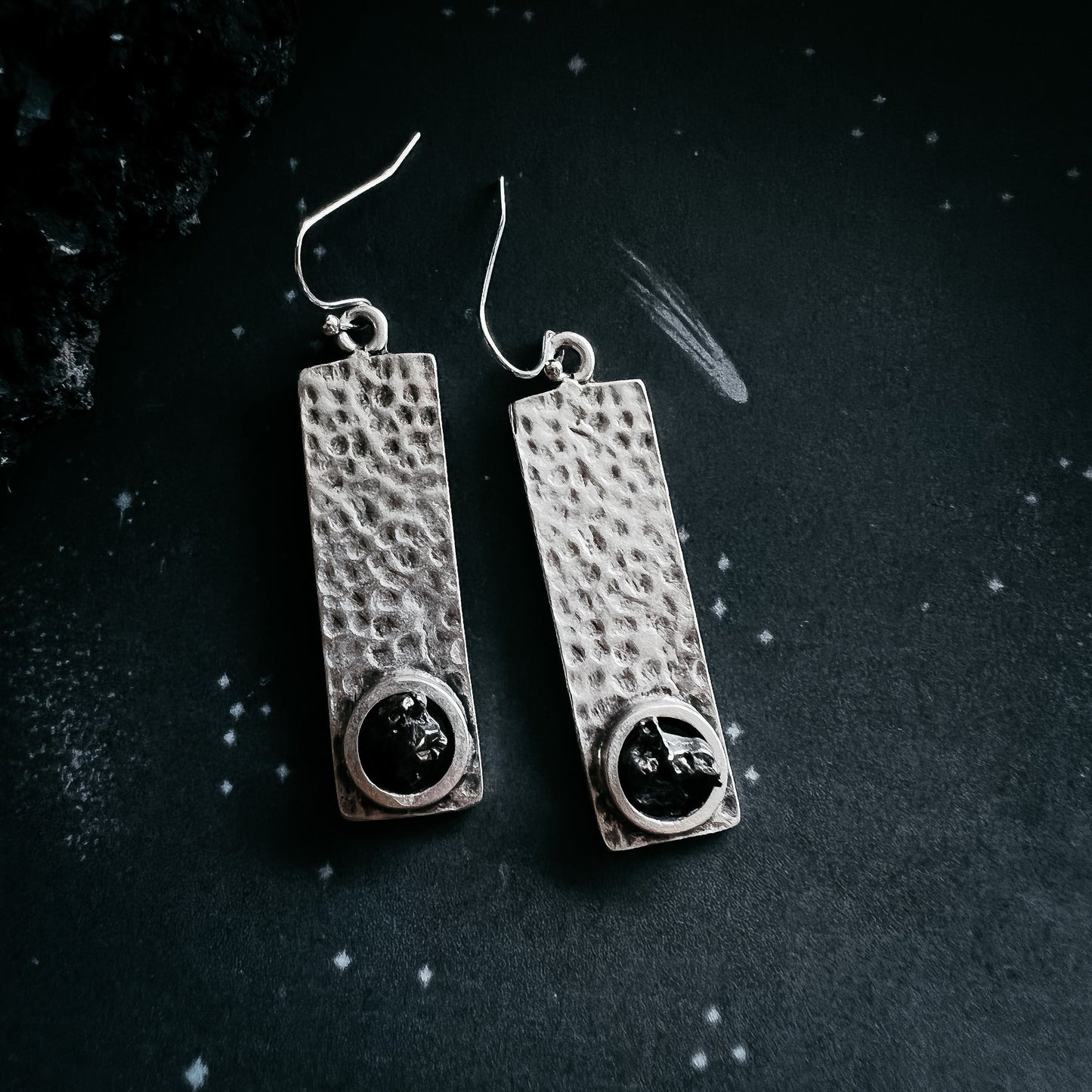 Hammered Silver Rectangle Earrings with Raw Meteorite