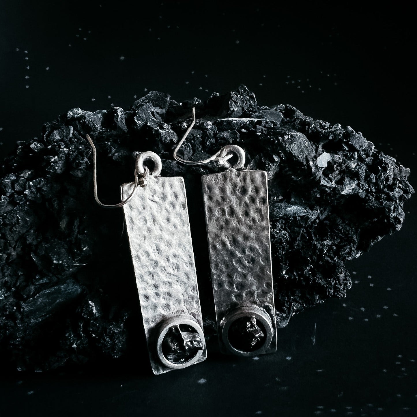 Hammered Silver Rectangle Earrings with Raw Meteorite