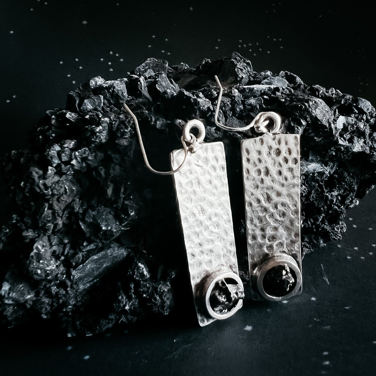 Hammered Silver Rectangle Earrings with Raw Meteorite