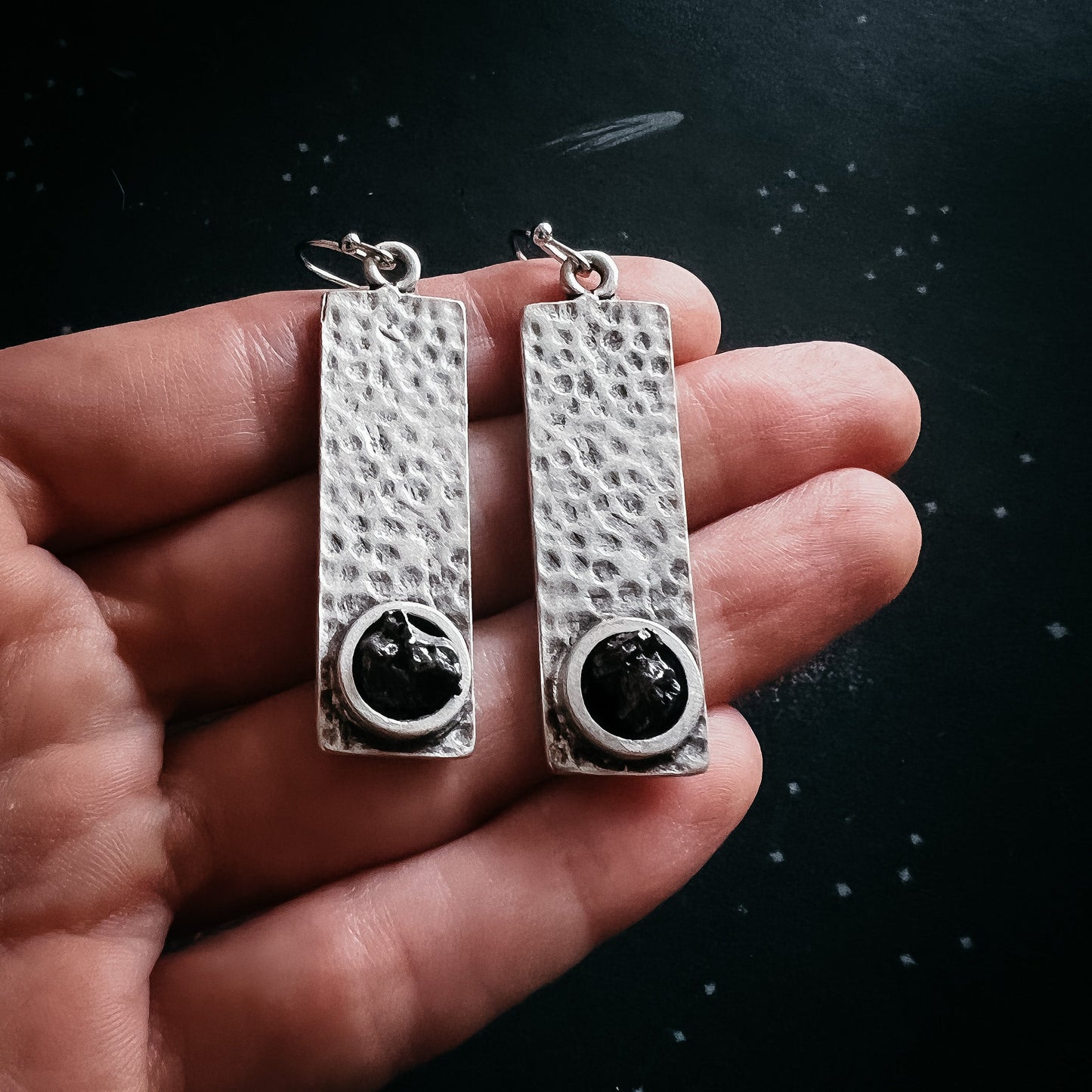 Hammered Silver Rectangle Earrings with Raw Meteorite