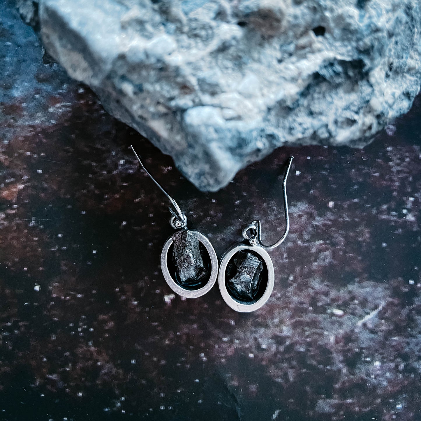Oval Dangle Earrings with Raw Meteorite