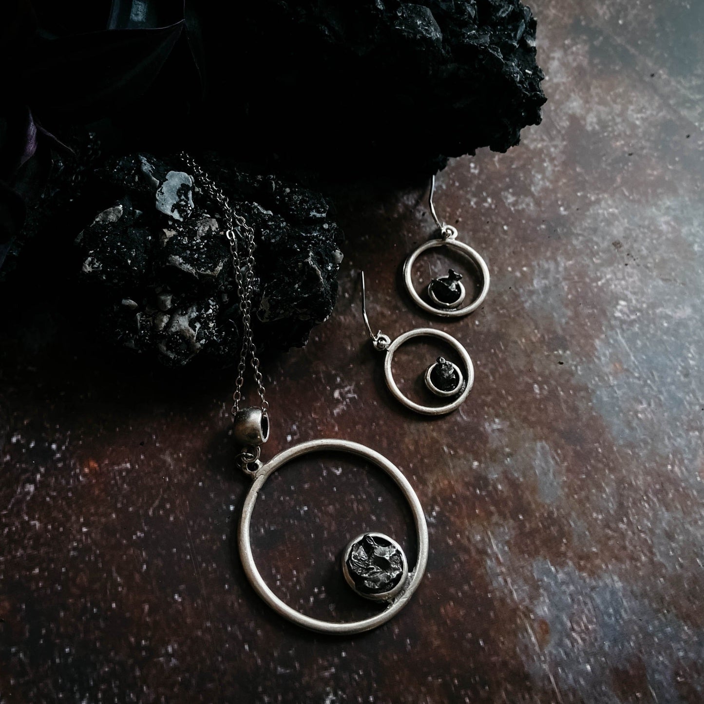 Meteorite Jewelry Set | Circle Necklace and Earrings