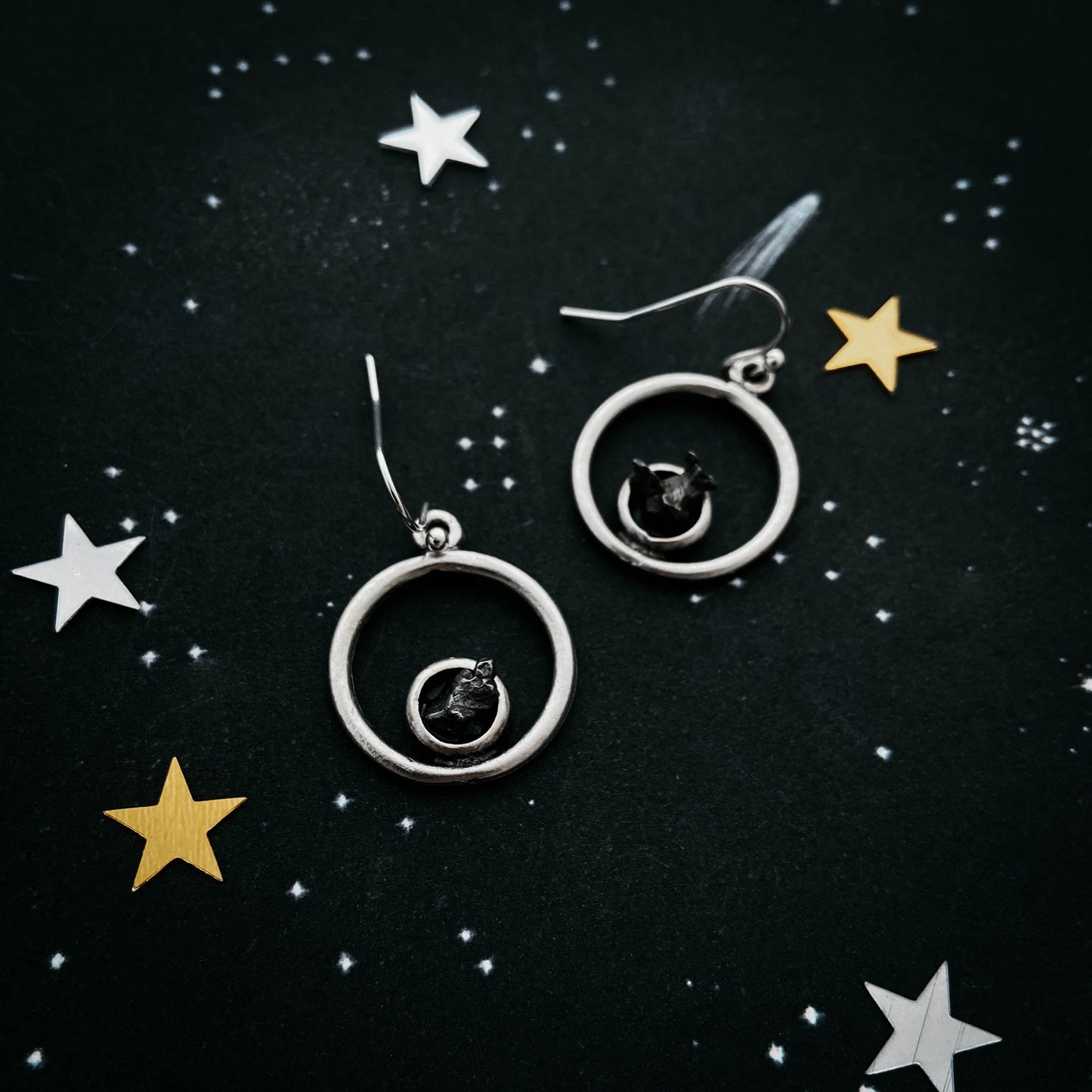 Circle Silver Earrings with Raw Meteorite