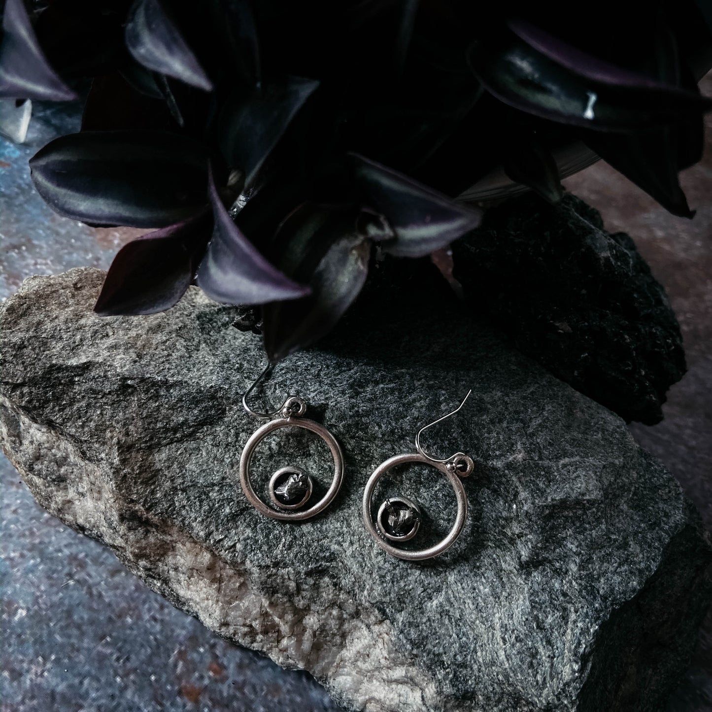 Circle Silver Earrings with Raw Meteorite