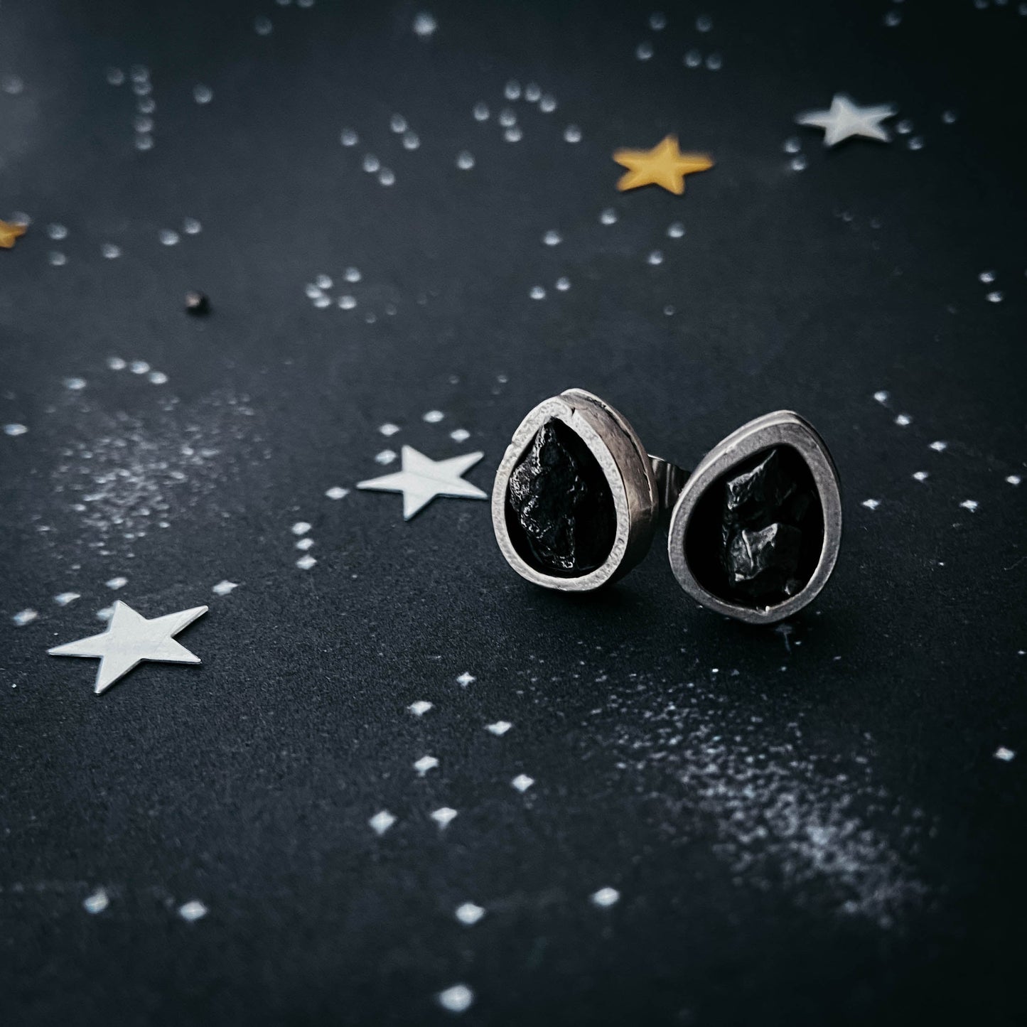 Pear Shaped Teardrop Meteorite Stud Earrings