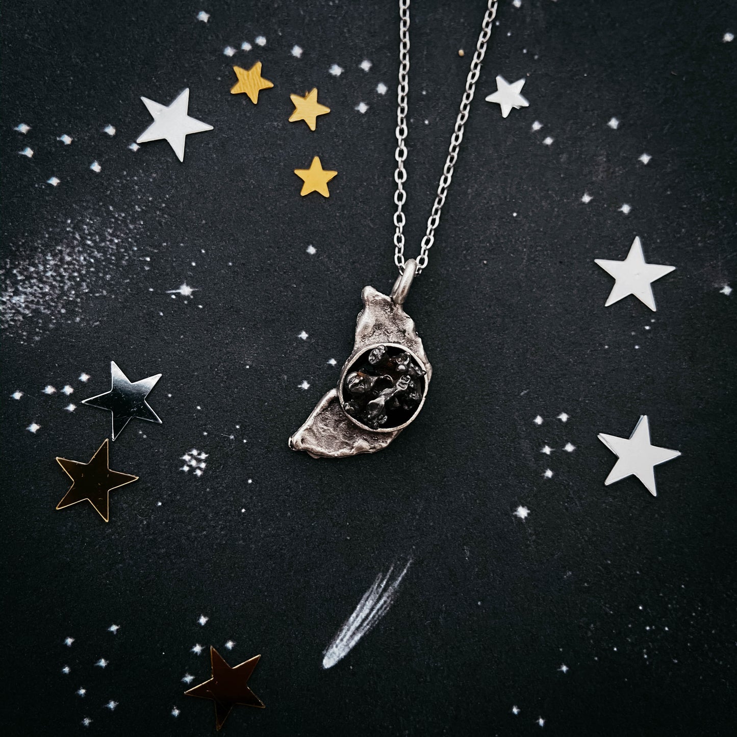 Crescent Moon Necklace with Authentic Meteorite