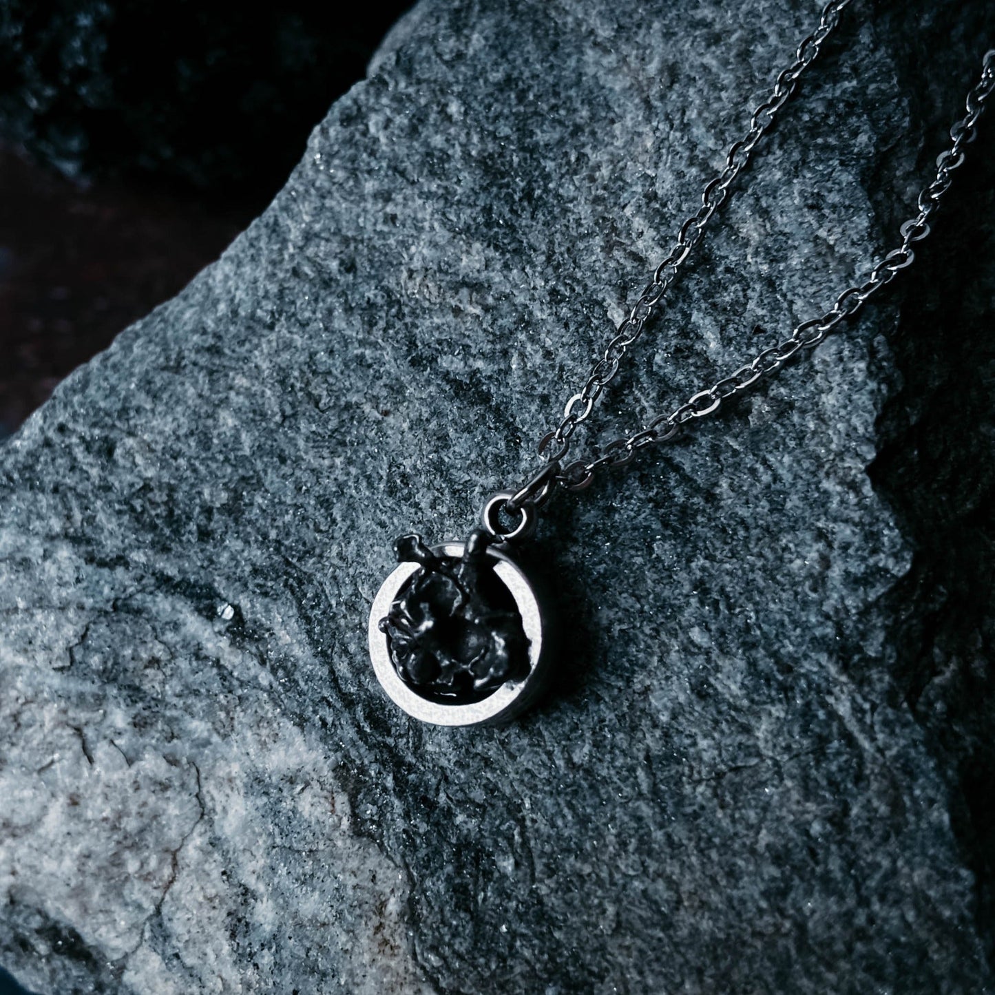Small Round Meteorite Pendant Necklace in Matte Brushed Silver