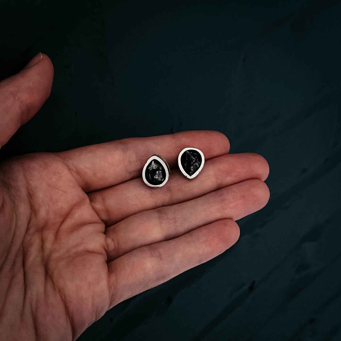 Pear Shaped Teardrop Meteorite Stud Earrings