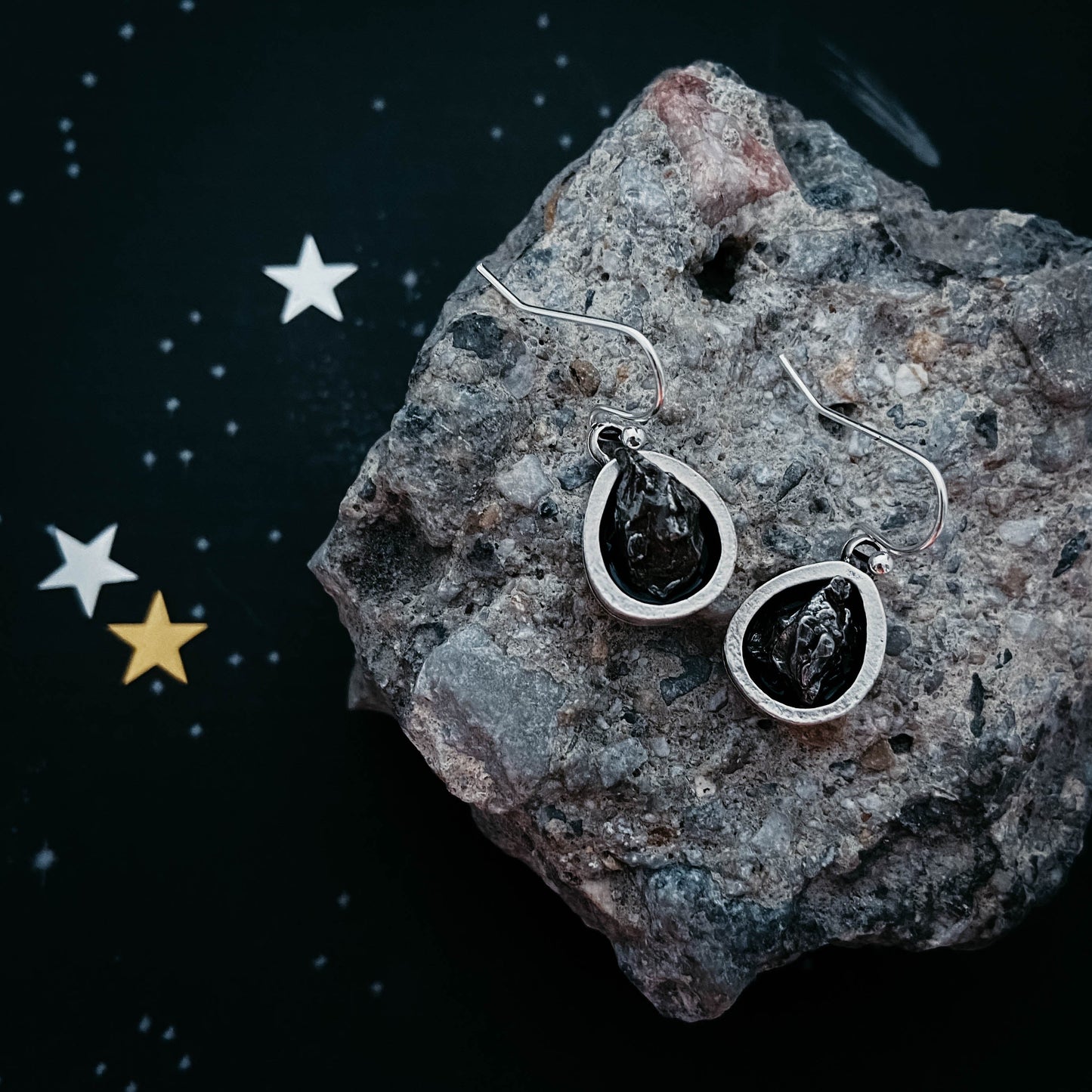 Pear Shaped Teardrop Meteorite Dangle Earrings