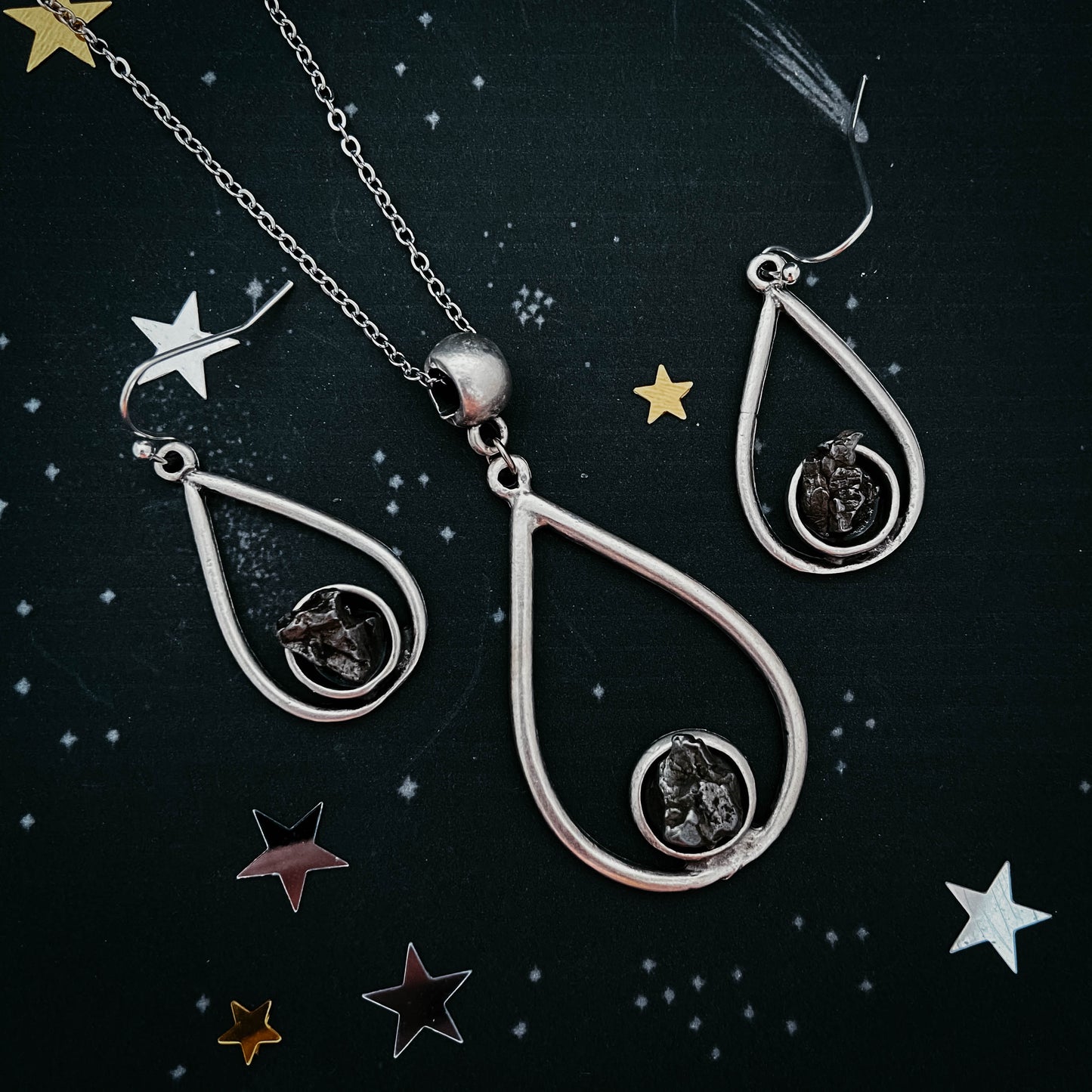 Meteorite Jewelry Set | Teardrop Necklace and Earrings