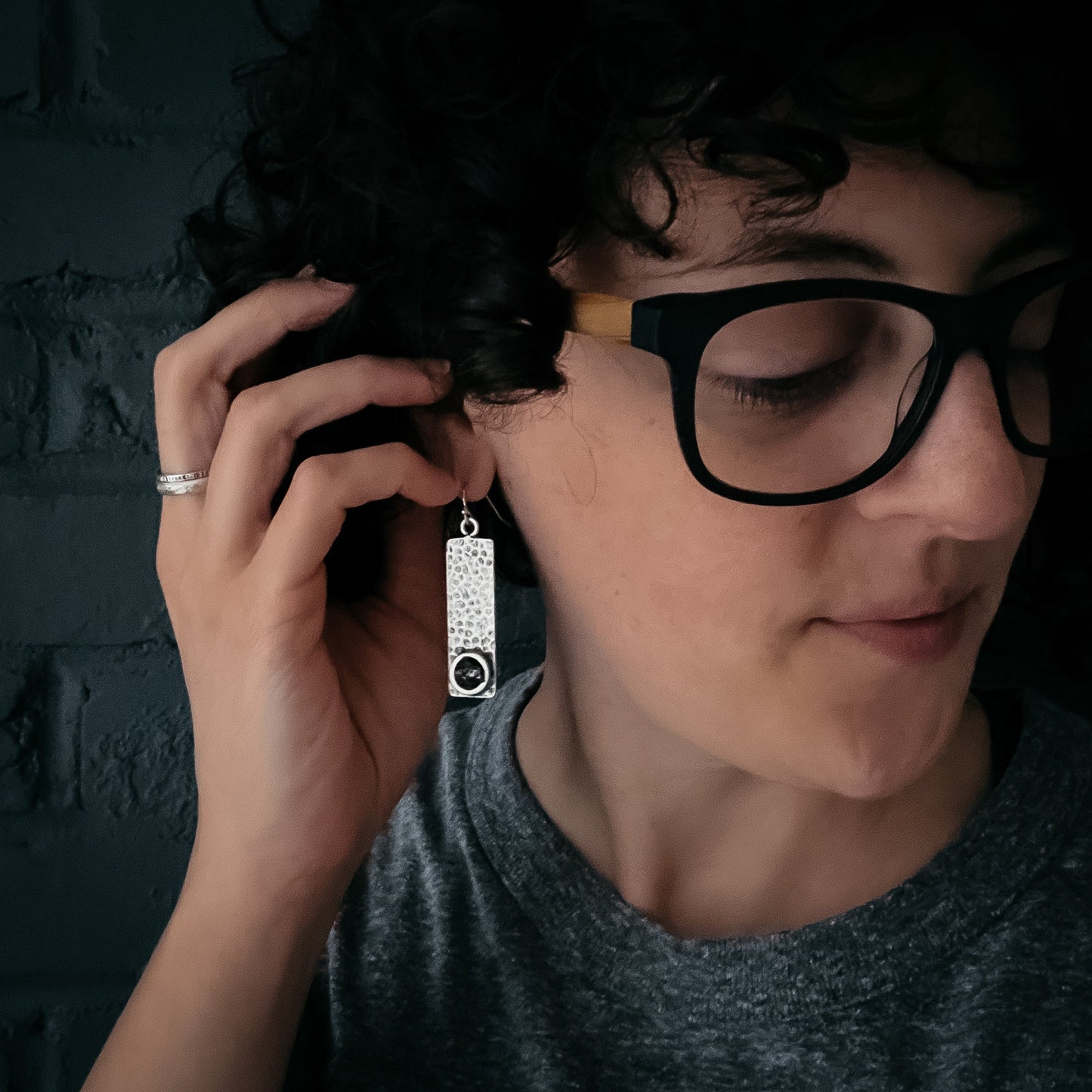 Hammered Silver Rectangle Earrings with Raw Meteorite